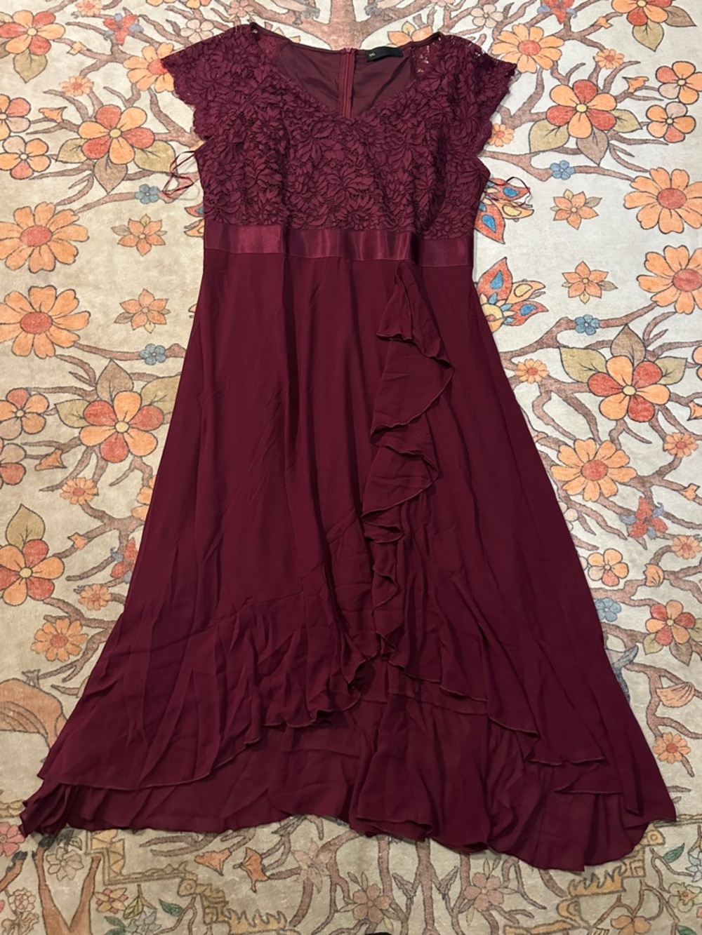 Precious Formals Burgundy Lace Bodice Ruffle Midi Dress